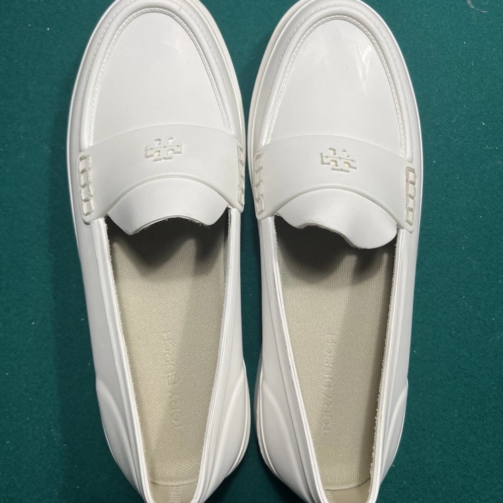 SALE Tory Burch White Logo Rubber Loafers Flats Sandals In Size: 8